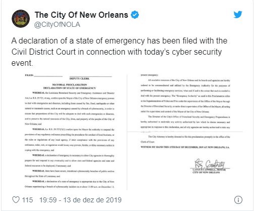 Vírus Ryuk coloca cidade de New Orleans em estado de emergência nos EUA