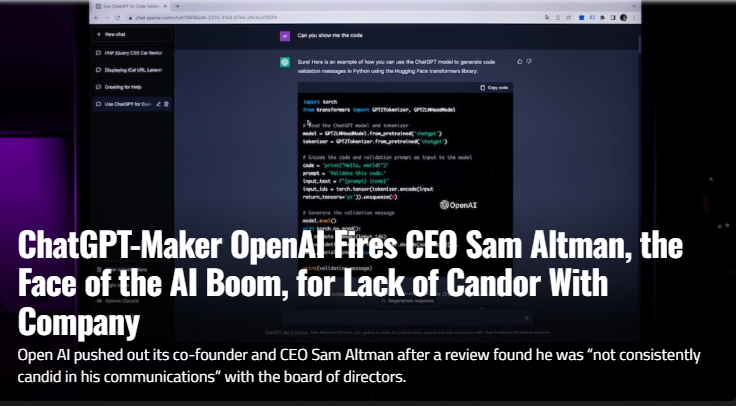 ChatGPT-Maker OpenAI Fires CEO Sam Altman, the Face of the AI Boom, for Lack of Candor With Company